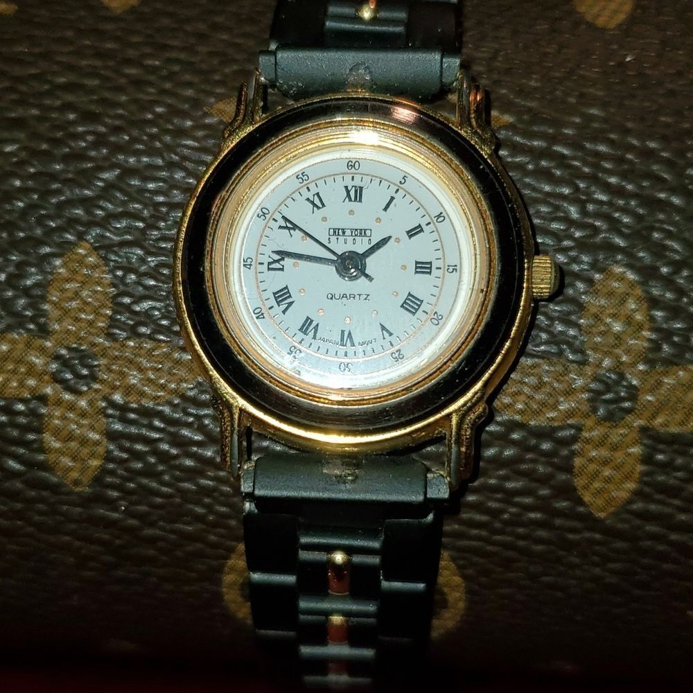 New York Studio Ladies 18kt Gold Plated & Black Ceramic Watch